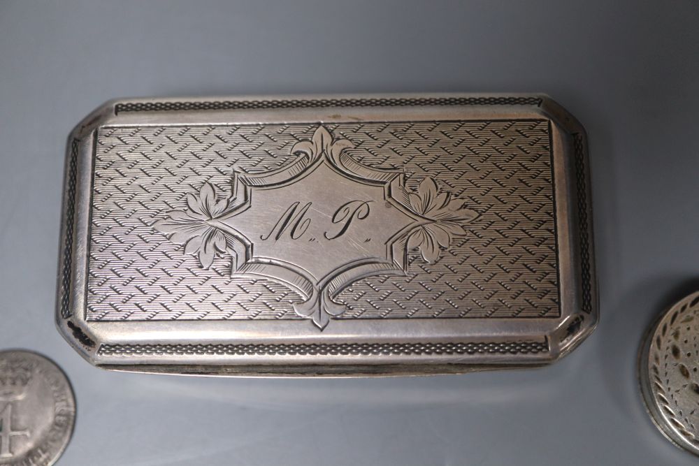 A French white metal snuff box, two other boxes including egg shaped, a Russian spoon, silver fob watch and a coin.